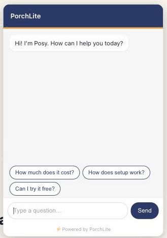 PorchLite's assistant answering a real pricing question, recorded live